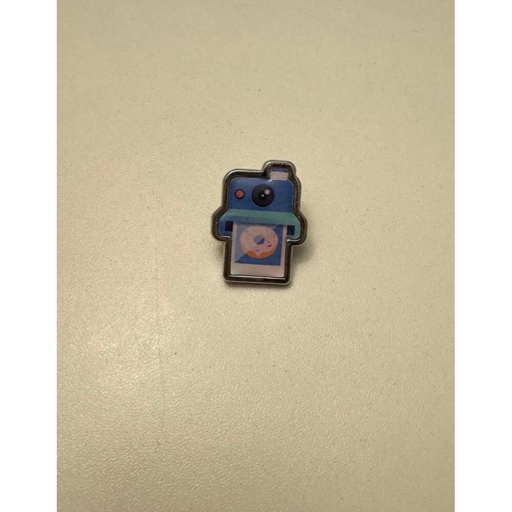 Polaroid camera with donut enamel pin purple and blue cute picture